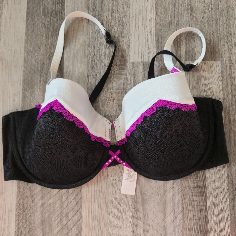 La Senza 36DD Maximum Push Up Bra Black White Fuchsia Lace Plunge 80s Vibe Y2K